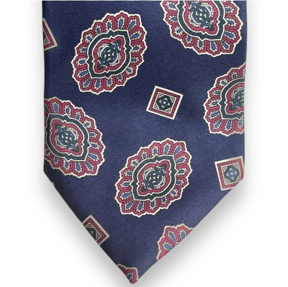 CHRISTIAN DIOR Tan & Dark Red Medallion Print Silk Tie VINTAGE